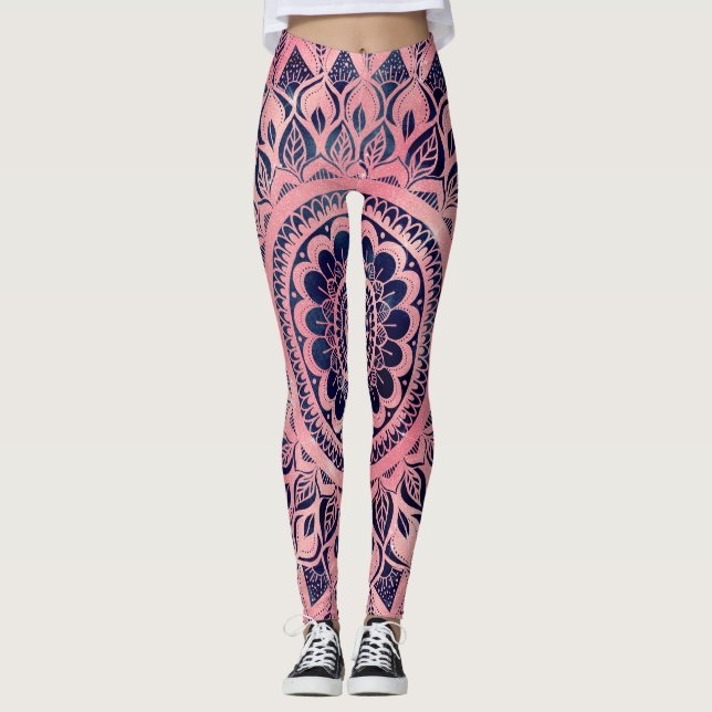Girly Blue Pink Mandala Floral Leggings (Front)