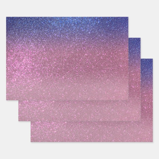 Girly Blue Pink Sparkly Glitter Ombre Gradient Wrapping Paper Sheet (Set)