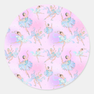 Girly Blue Tutu Ballerinas Pink Background Classic Round Sticker