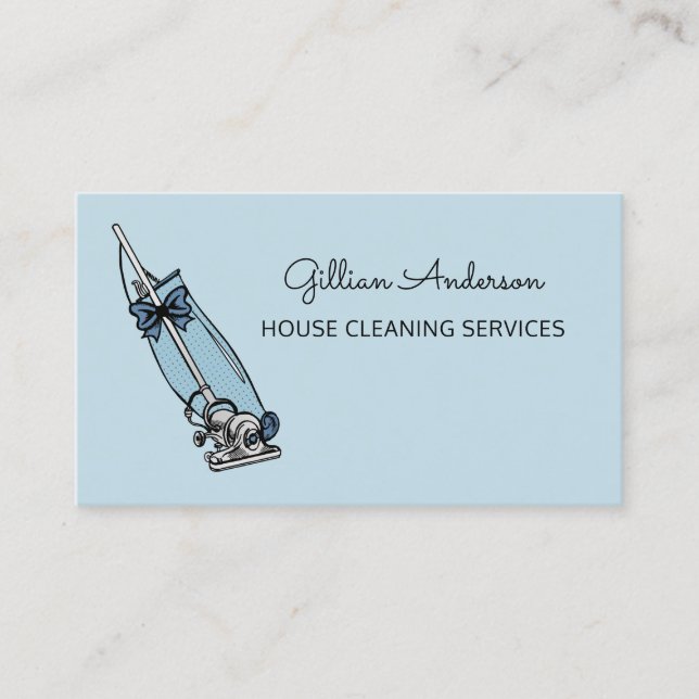 Girly Blue Vacuum Cleaner House Cleaning Services Business Card (Front)