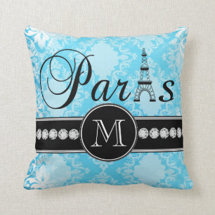 Girly Blue Vintage Damask Black Paris Monogram Cushion