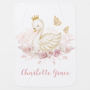 Girly Blush Floral Swan Princess with Butterflies Baby Blanket