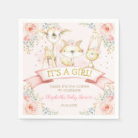Girly Blush Floral Woodland Animals Baby Shower