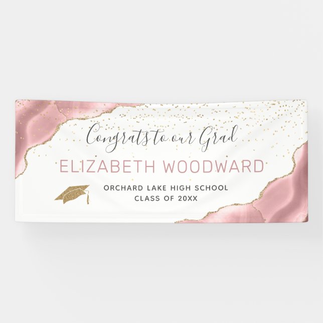 Girly Blush Pink Agate Gold Glitter Graduation Banner (Horizontal)