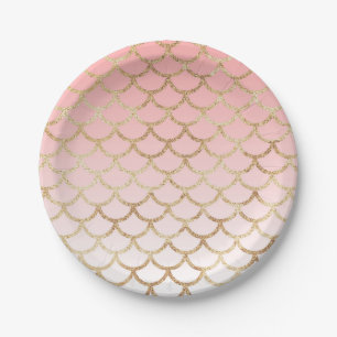 Girly Blush Pink and Gold Mermaid Glitter Sparkles Paper Plate