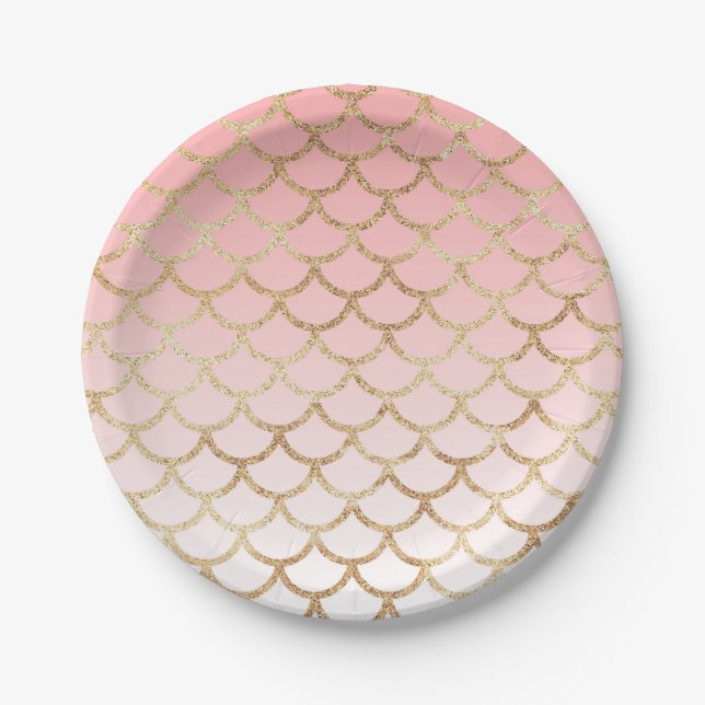 Girly Blush Pink and Gold Mermaid Glitter Sparkles Paper Plate (Front)