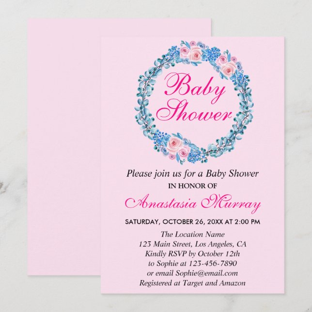 Girly Blush Pink & Blue Floral Wreath Baby Shower Invitation (Front/Back)