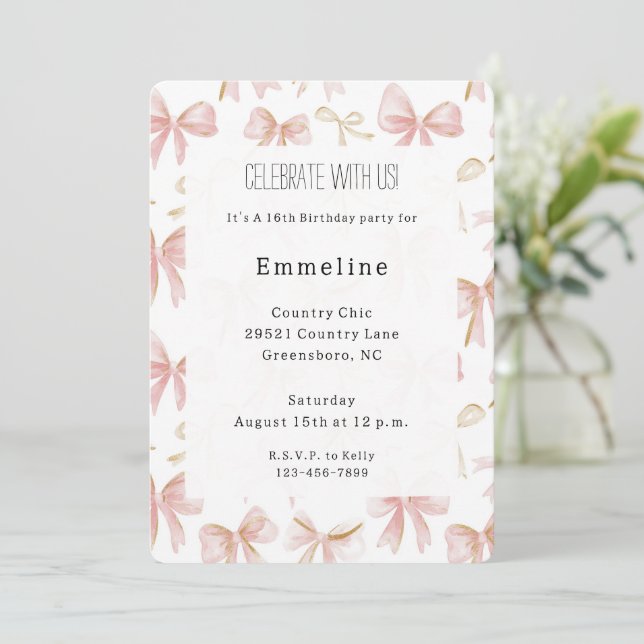 Girly Blush Pink Bows Birthday Invitation (Standing Front)