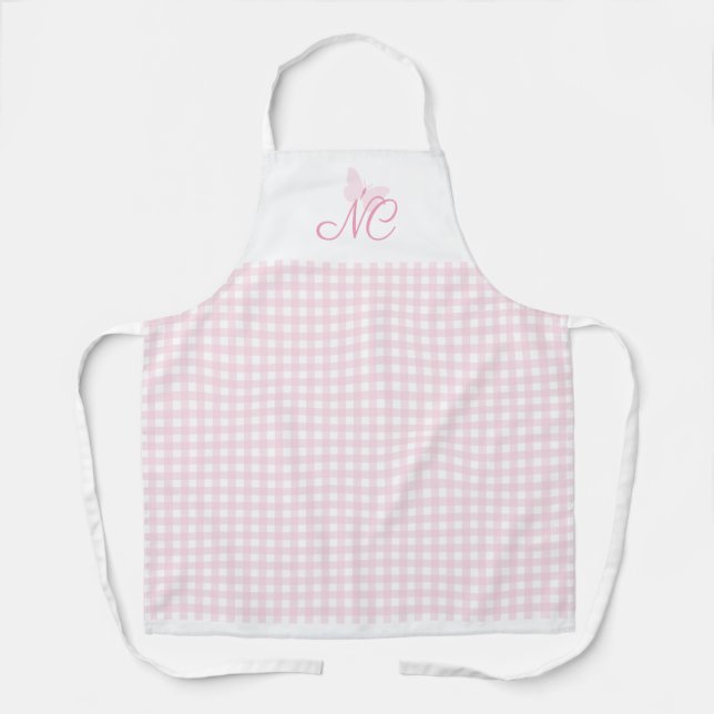 Girly Blush Pink Butterfly Monogram Gingham Checks Apron (Front)