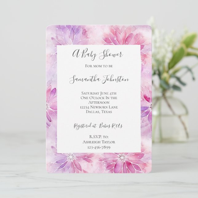 Girly Blush Pink Chic Lavender Floral Baby Shower Invitation (Standing Front)