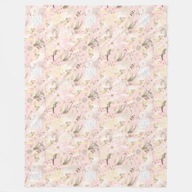 Girly Blush Pink Cream White Floral Fleece Blanket (Front)