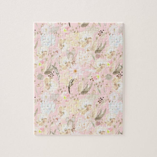 Girly Blush Pink Cream White Floral Jigsaw Puzzle (Vertical)