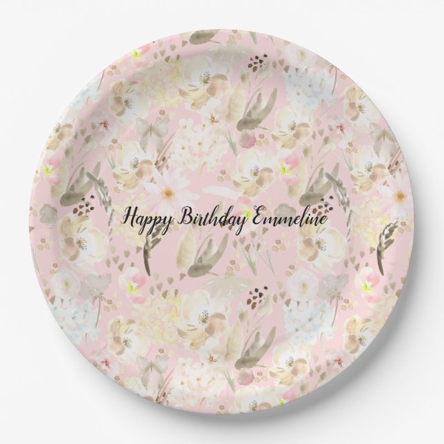 Girly Blush Pink Cream White Floral Paper Plate (Front)