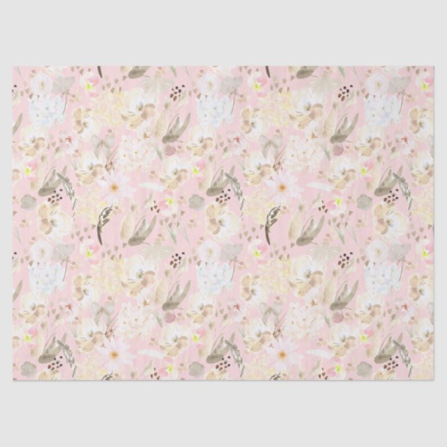 Girly Blush Pink Cream White Floral Tissue Paper (Front)