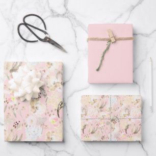 Girly Blush Pink Cream White Floral Wrapping Paper Sheet