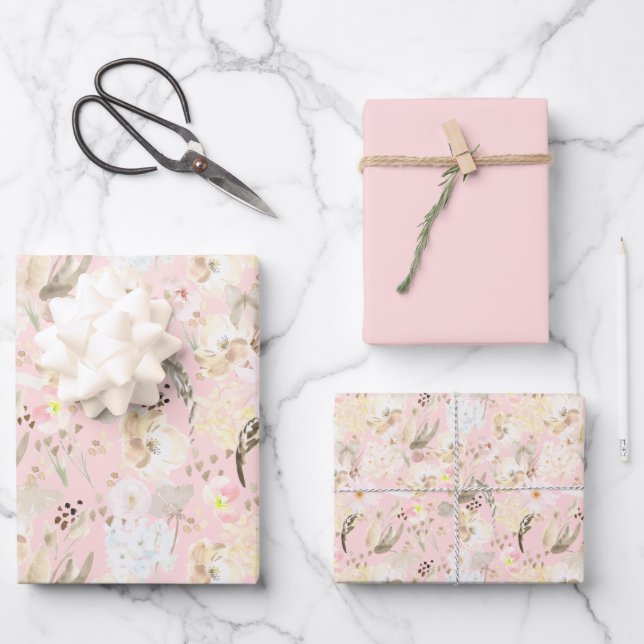 Girly Blush Pink Cream White Floral Wrapping Paper Sheet (Front)