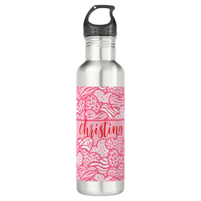 Girly Blush Pink Cute Animal Print Hearts Name  710 Ml Water Bottle (Front)