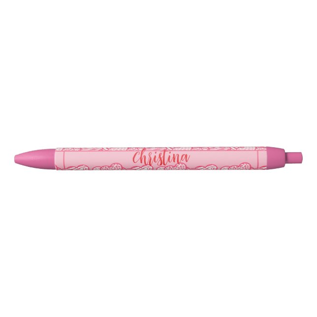 Girly Blush Pink Cute Animal Print Hearts Name  Black Ink Pen (Front)