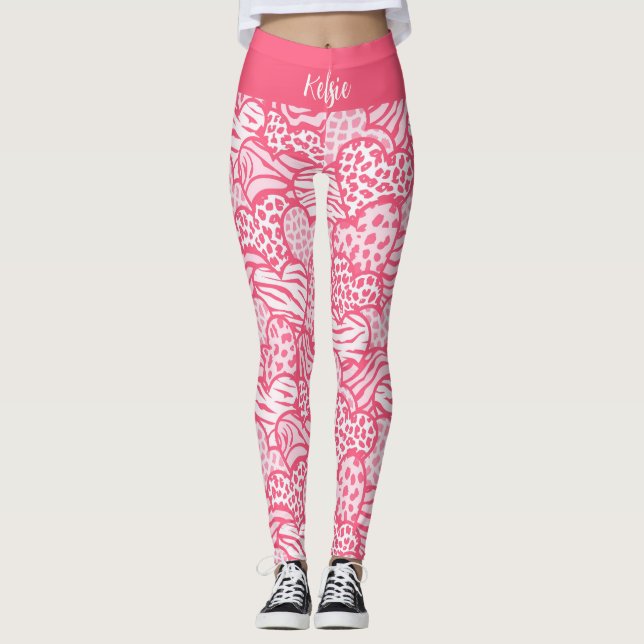 Girly Blush Pink Cute Animal Print Hearts Name  Leggings (Front)