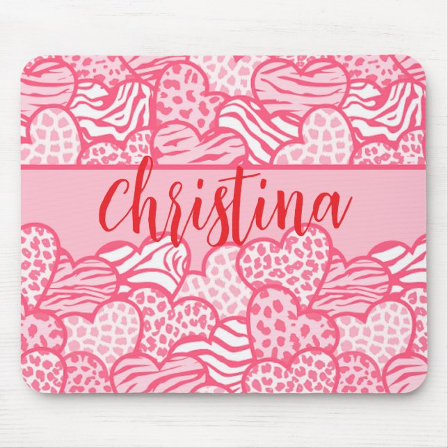 Girly Blush Pink Cute Animal Print Hearts Name  Mouse Pad (Front)