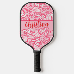 Girly Blush Pink Cute Animal Print Hearts Name Pickleball Paddle