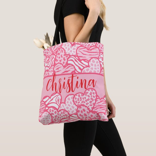 Girly Blush Pink Cute Animal Print Hearts Name  Tote Bag (Close Up)