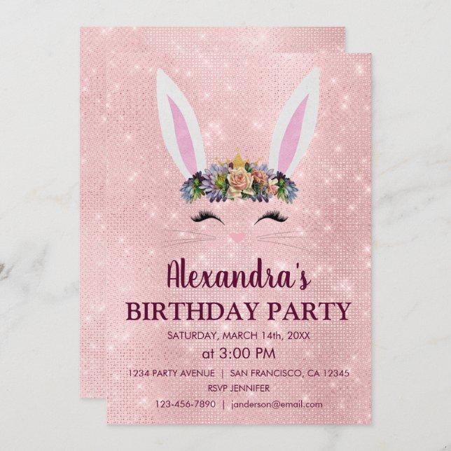 Girly Blush Pink Easter Bunny Birthday Party Invitation (Front/Back)