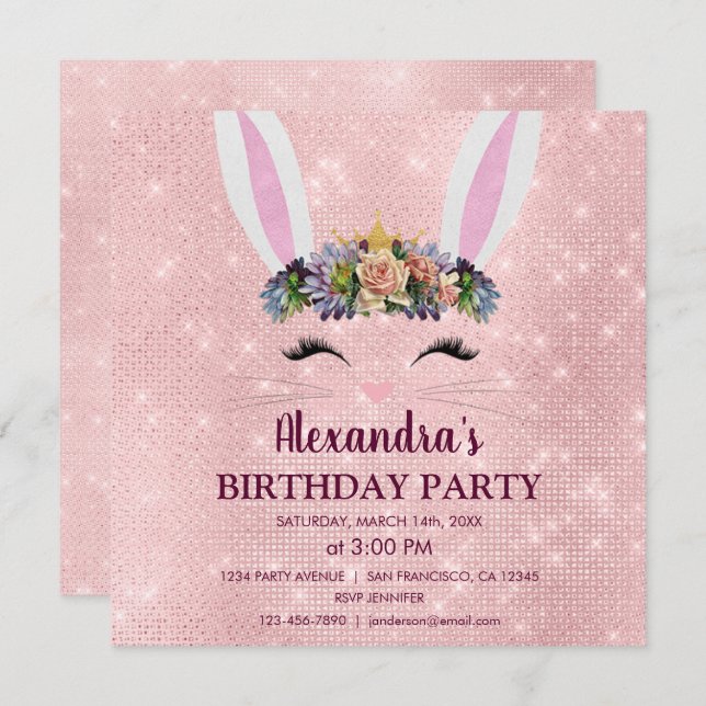 Girly Blush Pink Easter Bunny Birthday Party Invitation (Front/Back)