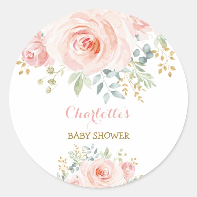 Girly Blush Pink Floral Baby Shower Favour Classic Round Sticker (Front)