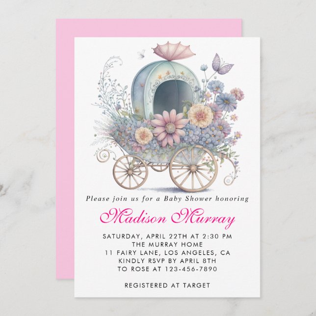 Girly Blush Pink Floral Buggy Stroller Baby Shower Invitation (Front/Back)