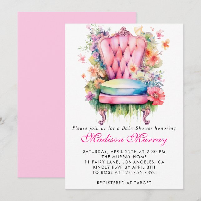 Girly Blush Pink Floral Flower Chair Baby Shower Invitation (Front/Back)