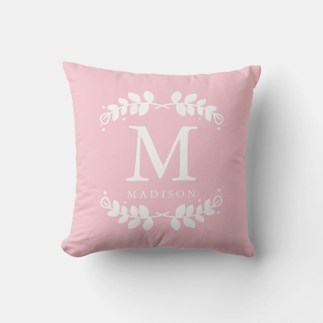 Girly Blush Pink Floral Frame Monogram Cushion (Front)