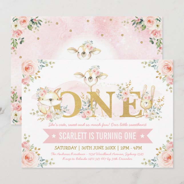 Girly Blush Pink Floral Rose 1st Birthday Party Invitation (Front/Back)