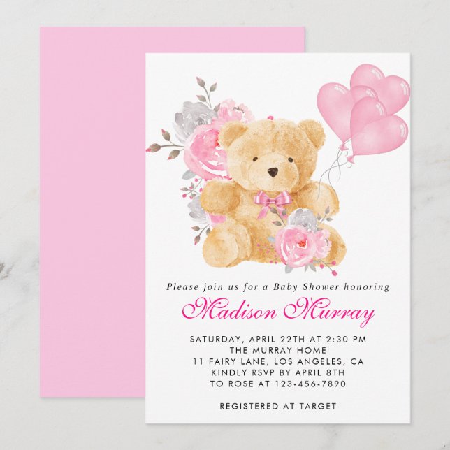 Girly Blush Pink Floral Teddy Bear Baby Shower Invitation (Front/Back)