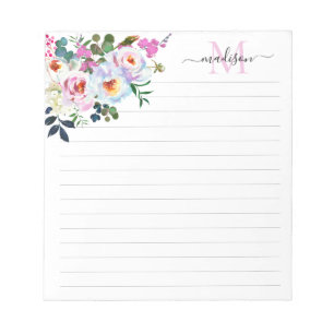Girly Blush Pink Floral Watercolor Monogram Script Notepad