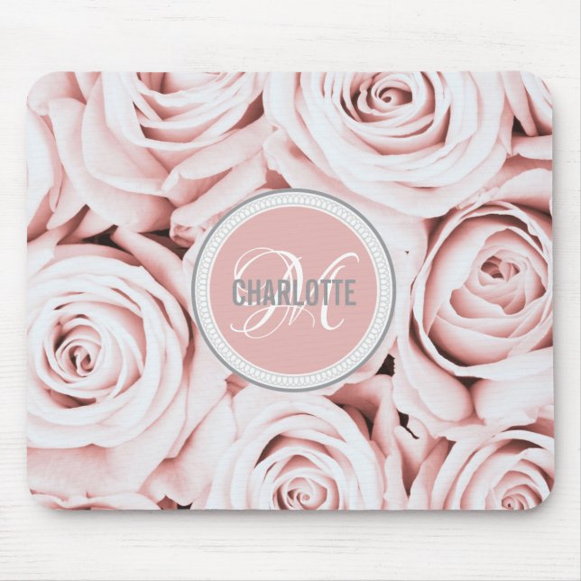 Girly blush pink flowers monogrammed name mouse pad (Front)