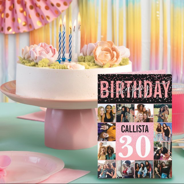 Girly Blush Pink Glitter Confetti12 Photo Birthday Card (Creator Uploaded)