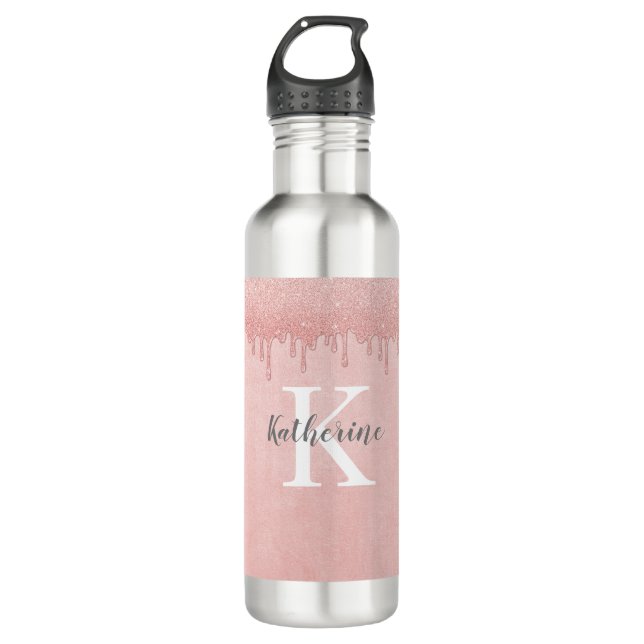 Girly Blush Pink glitter drips Monogram 710 Ml Water Bottle (Front)