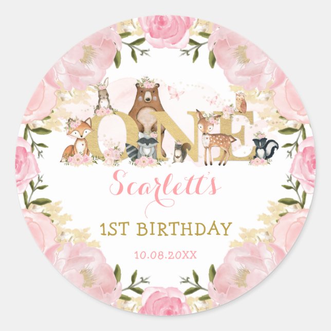 Girly Blush Pink Gold Floral Woodland 1st Birthday Classic Round Sticker (Front)
