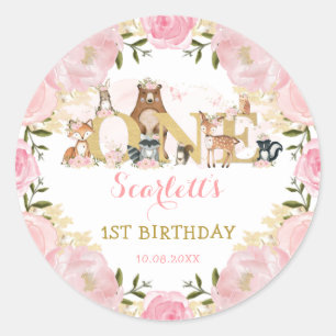 Girly Blush Pink Gold Floral Woodland 1st Birthday Classic Round Sticker