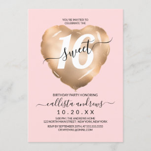 Girly Blush Pink Gold Foil Heart Balloon Sweet 16 Invitation