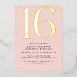 Girly Blush Pink & Gold | Glam Sweet 16th Birthday<br><div class="desc">Modern 16th birthday invitations with a large heading "16" in real metallic foil on a pretty light pink background. (Background colours can be changed by using the design tool. You can also change the type of metallic foil.)</div>