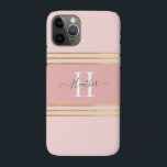 Girly Blush Pink Gold Monogram Stripe Case-Mate iPhone Case<br><div class="desc">Protect your phone wiht this personalised girly Iphone 11 case. It has grey text and a white monogram initial on a beautiful blush pink background. Customise the Iphone cover with the name and initial of your choice to make someone feel extra special. Makes a fun gift for birthdays or for...</div>
