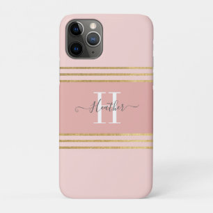 Girly Blush Pink Gold Monogram Stripe Case-Mate iPhone Case