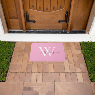Girly Blush Pink Gray Custom Monogram Script Name Doormat