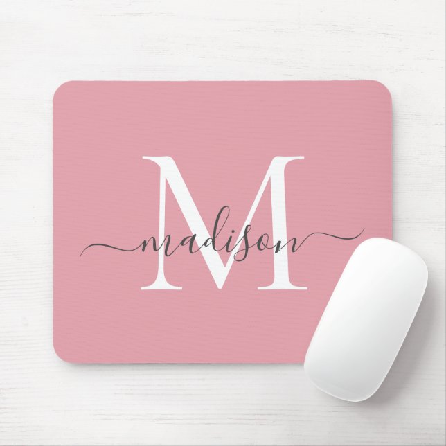 Girly Blush Pink Gray Monogram Elegant Chic Script Mouse Pad (With Mouse)