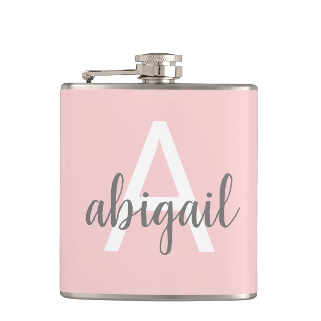 Girly Blush Pink Gray Monogram Vinyl Wrapped Flask (Front)