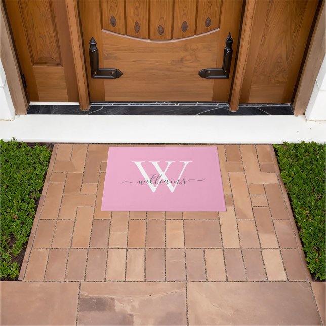 Girly Blush Pink Grey Custom Monogram Script Name Doormat (Outdoor)