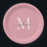 Girly Blush Pink Grey Monogram Elegant Script Name Paper Plate<br><div class="desc">Simple Modern Blush Pink Grey Monogram Feminine Script Name Paper Plate</div>