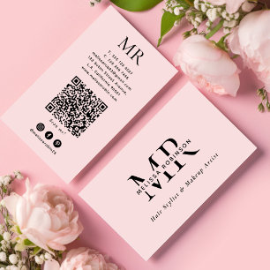 Girly Blush Pink Hair Stylist Monogram QR Code Business Card